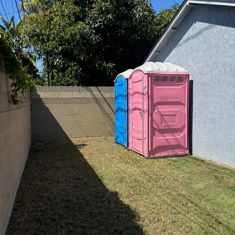 A pink and a blue porta potty inside a fenced yard