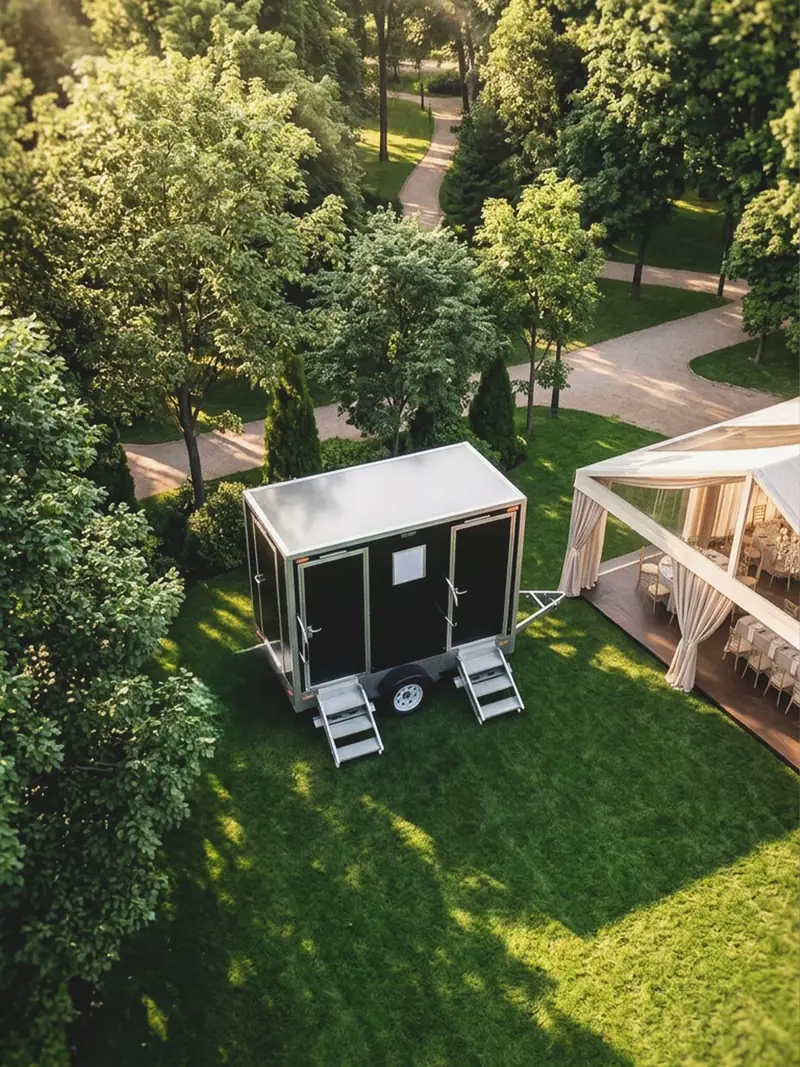 Restroom trailer set on a lawn beside a wedding tent