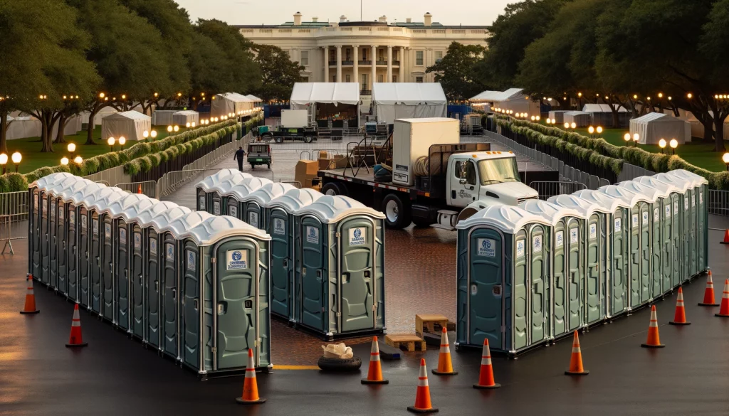 Festival porta potty bank with barricades in Erie, Pennsylvania